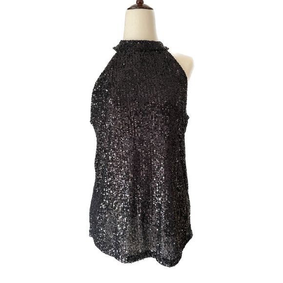 CABLE & GAUGE New Black Sequin Sleeveless Turtleneck Halter Top, Size Small - Picture 1 of 13